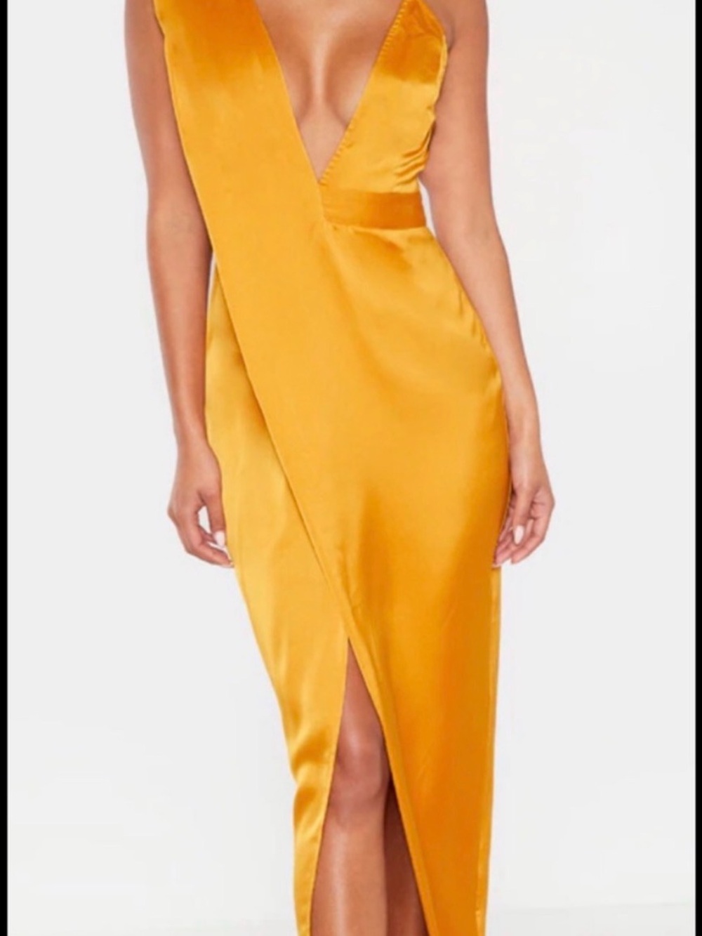 PrettyLittleThing One-Shoulder Satin Midi Dress in Mustard Yellow